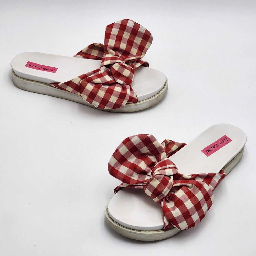 Betsey Johnson Picnic Gingham Bow Slide Flat Sandals Red Size 9.5
